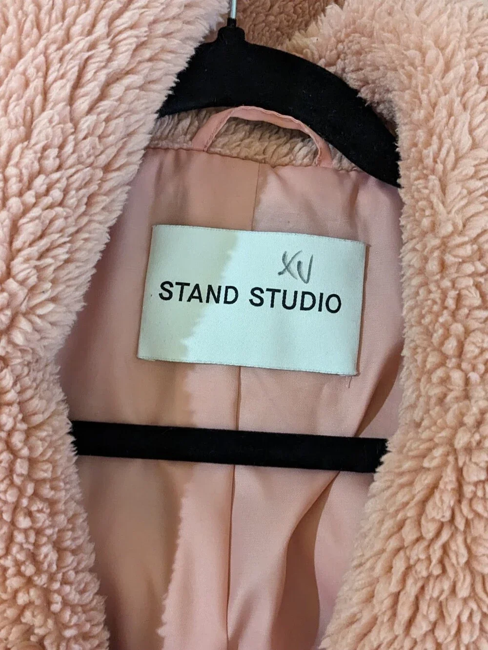 STAND STUDIO Camille Cocoon Teddy Coat Light Pink Faux Fur Designer Quiet Luxury